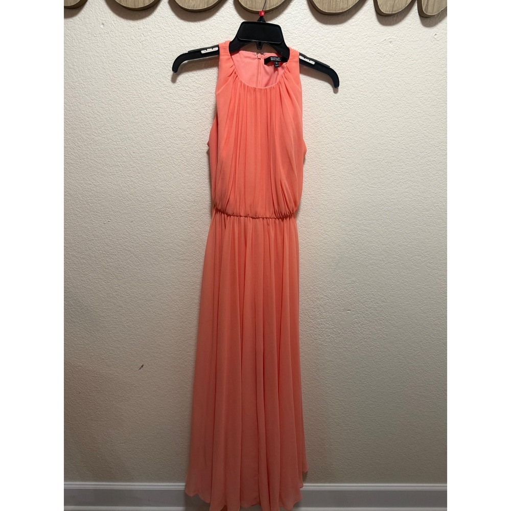 Badgley Mischka Coral Chiffon Maxi Dress Neck Gown Size 8 some damage on skirt